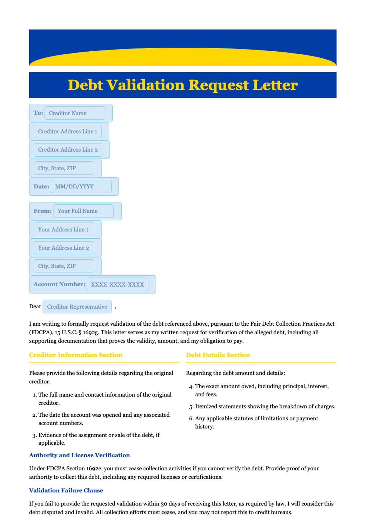 Debt Validation Letter Template with Fillable Fields and FDCPA Compliance Request_variant_1